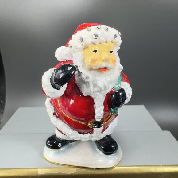 Santa Claus Christmas Enamel Over Metal Bejeweled Hinged Trinket Box Pill Box - Picture 13 of 13